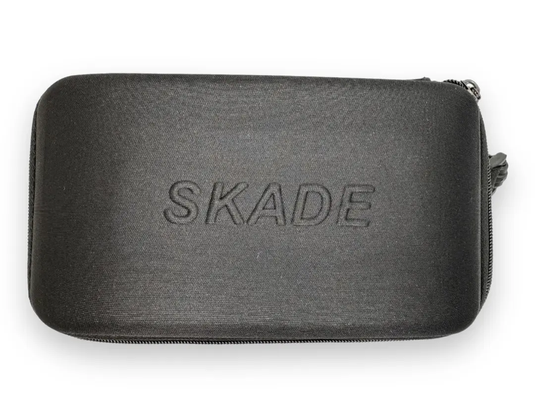 a black case with the word skade printed on it