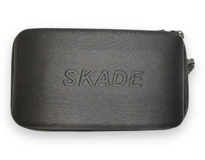 a black hard case with the word skade printed on it