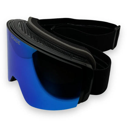 a pair of goggles with a blue lens